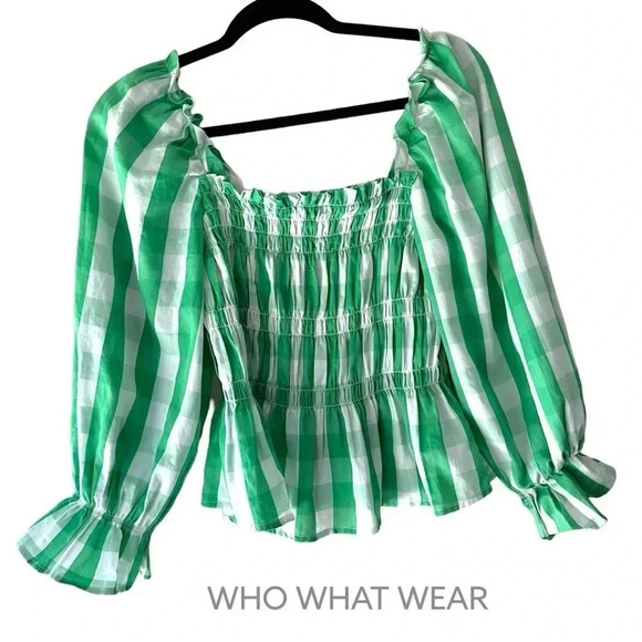 WHO WHAT WEAR | NWOT | LONG SLEEVE GREEN GINGHAM BOHO RUCHED TOP | EXTRA SMALL - Picture 1 of 7